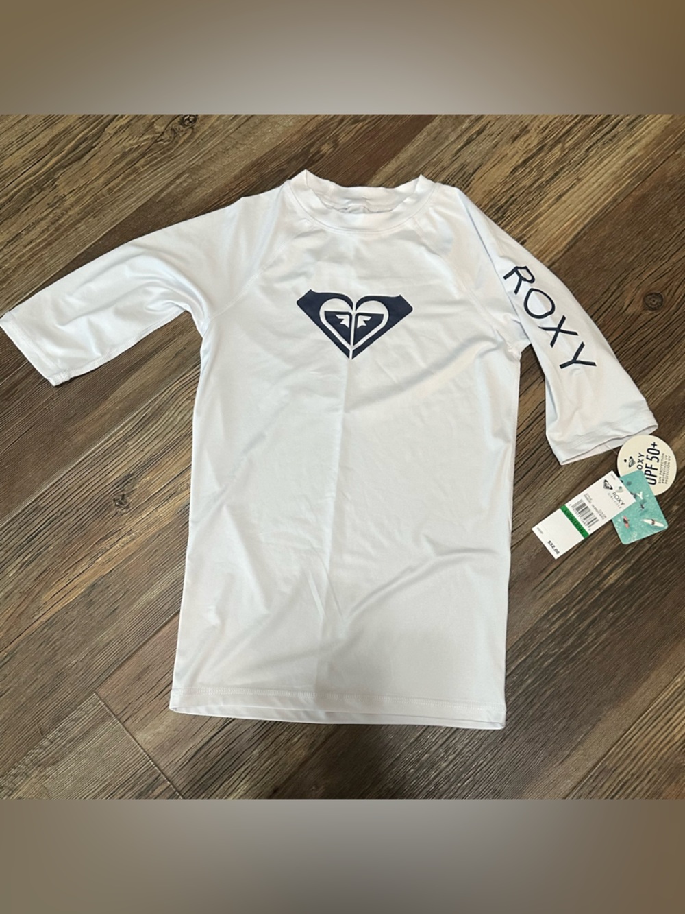ROXY girls white rashguard shirt navy blue logo NEW L 12/14 surf beach UPF 50+